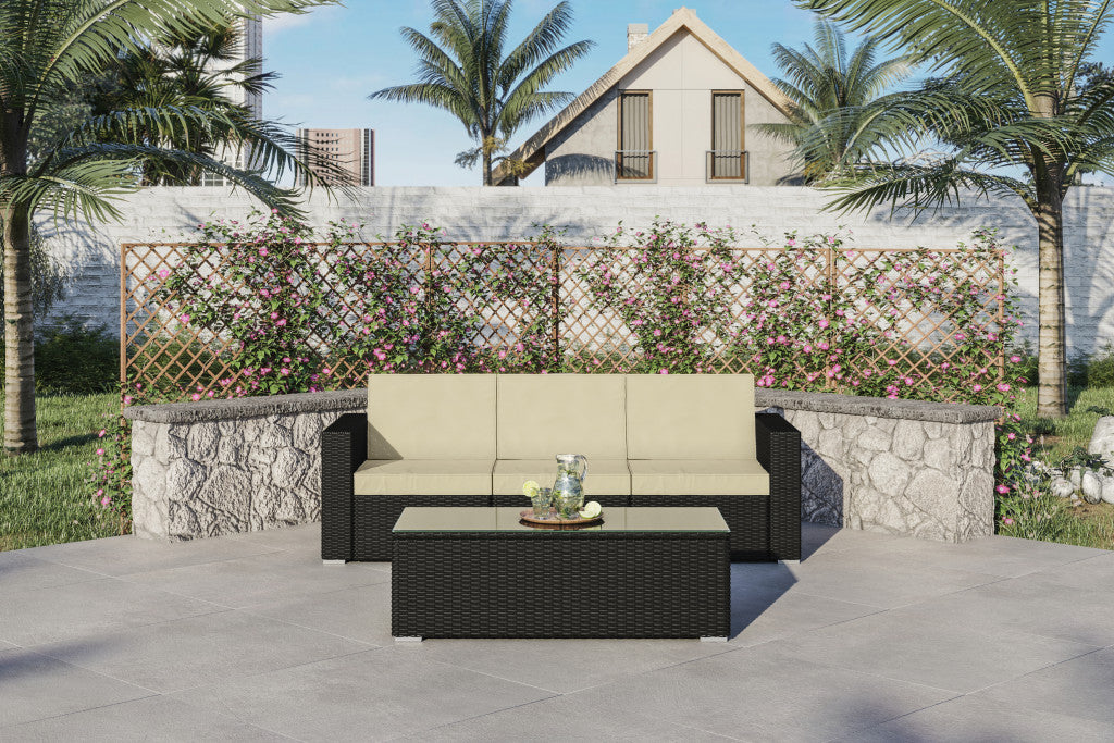 83" Black Faux Rattan and Ivory White Modular Outdoor Cushioned Sofa