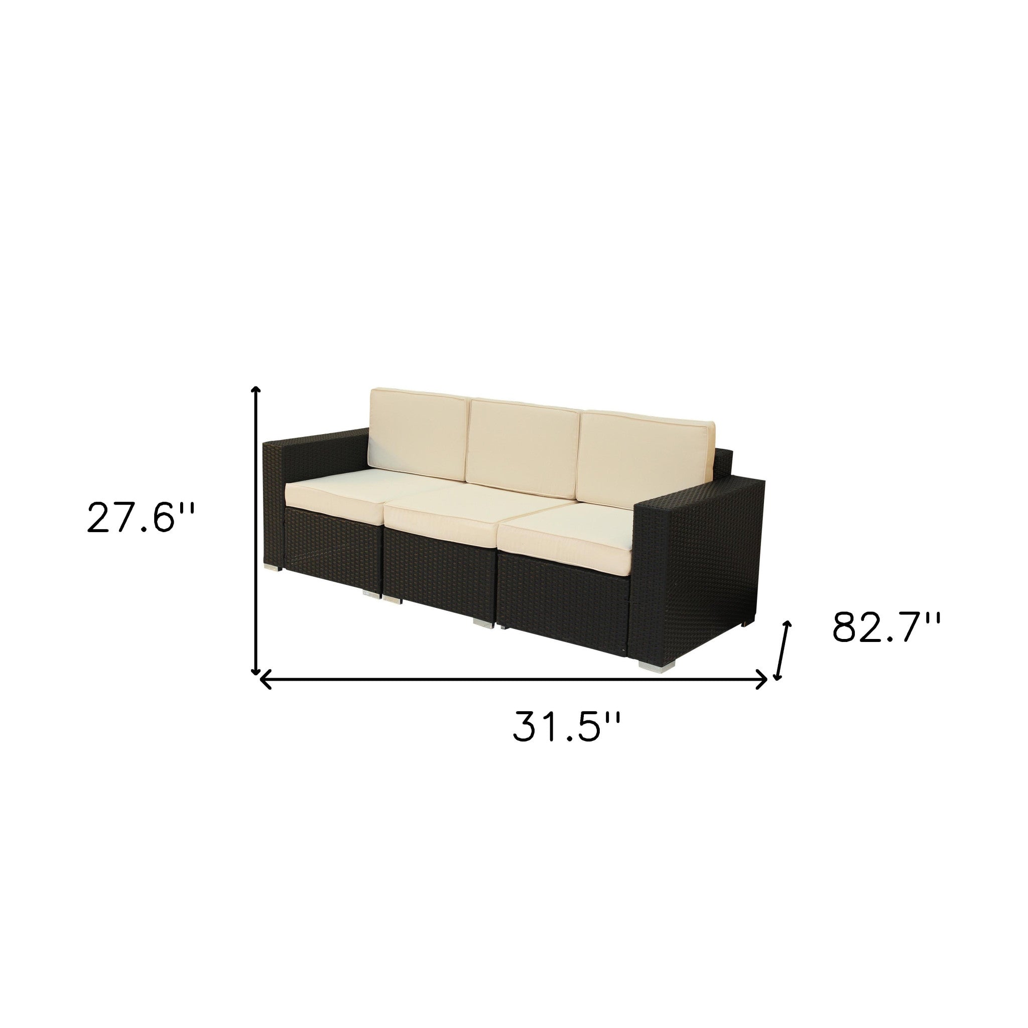 83" Black Faux Rattan and Ivory White Modular Outdoor Cushioned Sofa