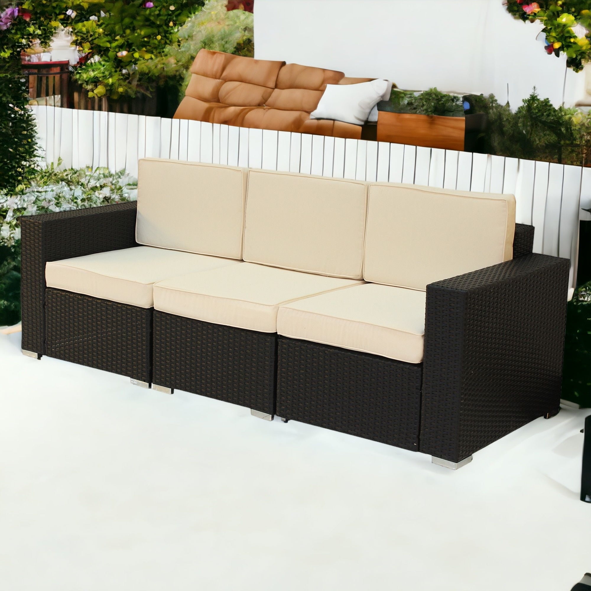 83" Black Faux Rattan and Ivory White Modular Outdoor Cushioned Sofa