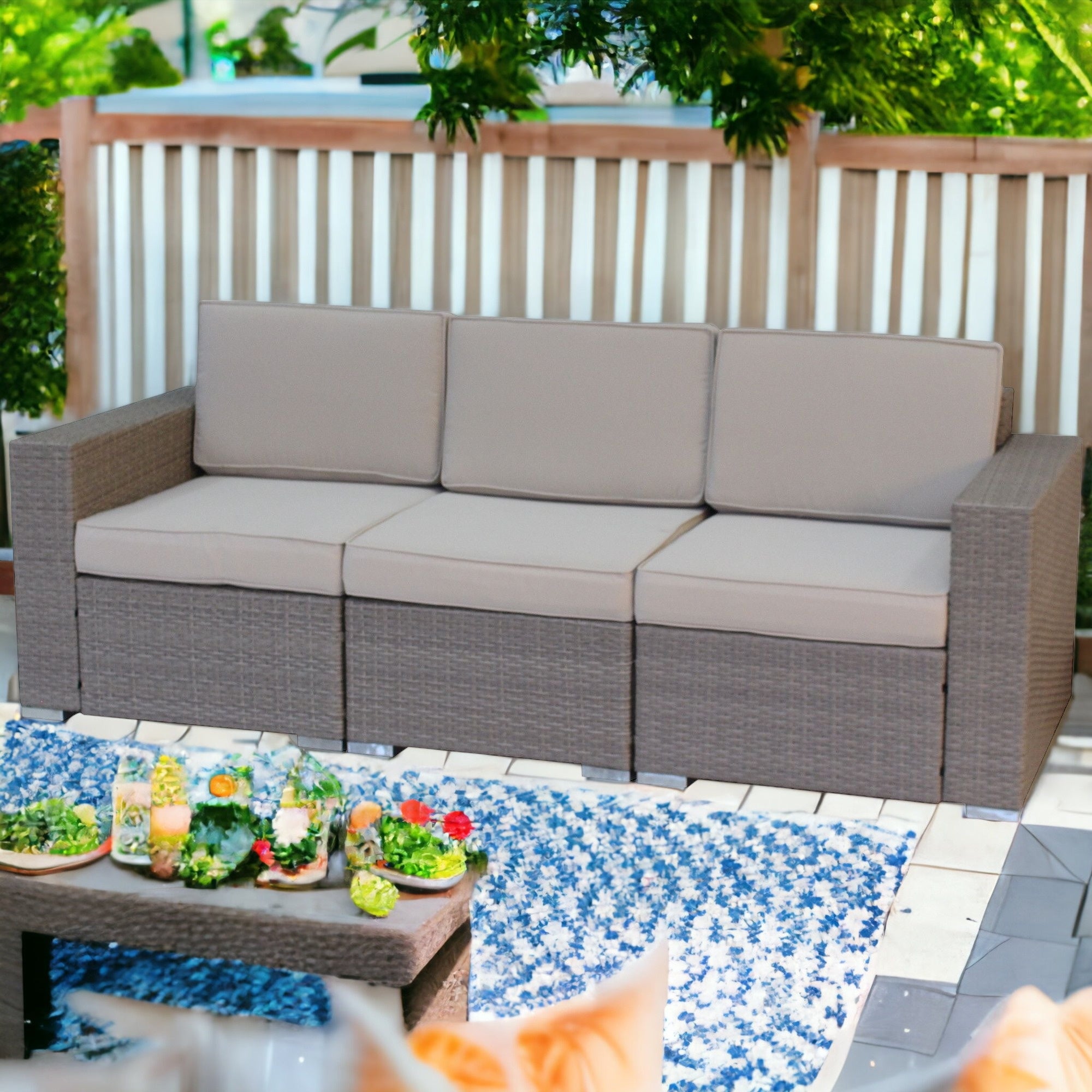 83" Beige Faux Rattan Modular Outdoor Cushioned Sofa