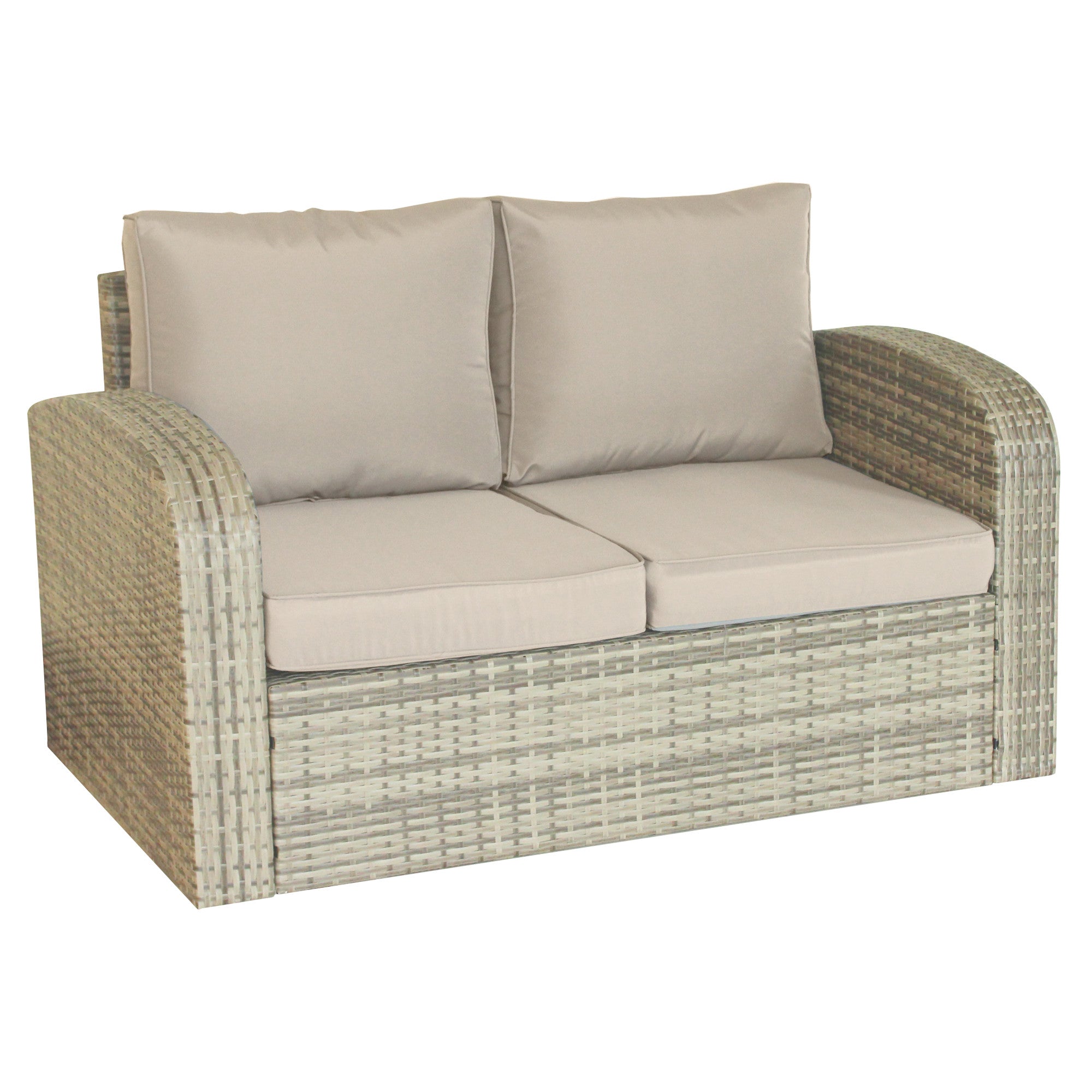 32" Beige Faux Rattan and Tan Cushion Outdoor Loveseat
