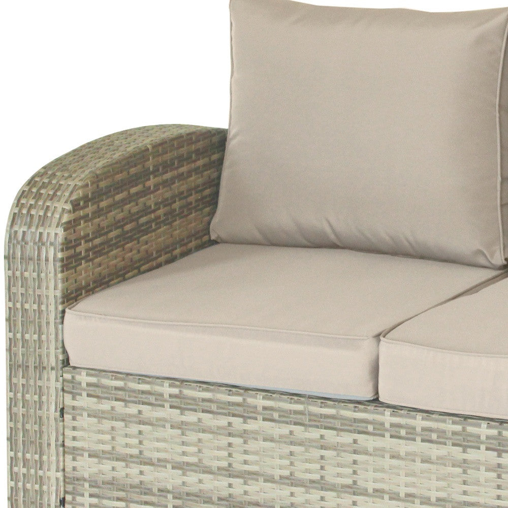 32" Beige Faux Rattan and Tan Cushion Outdoor Loveseat