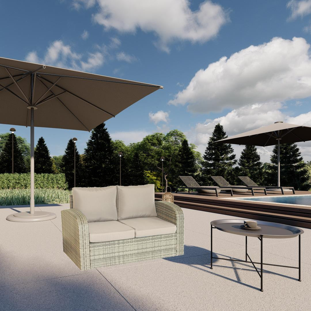 32" Beige Faux Rattan and Tan Cushion Outdoor Loveseat