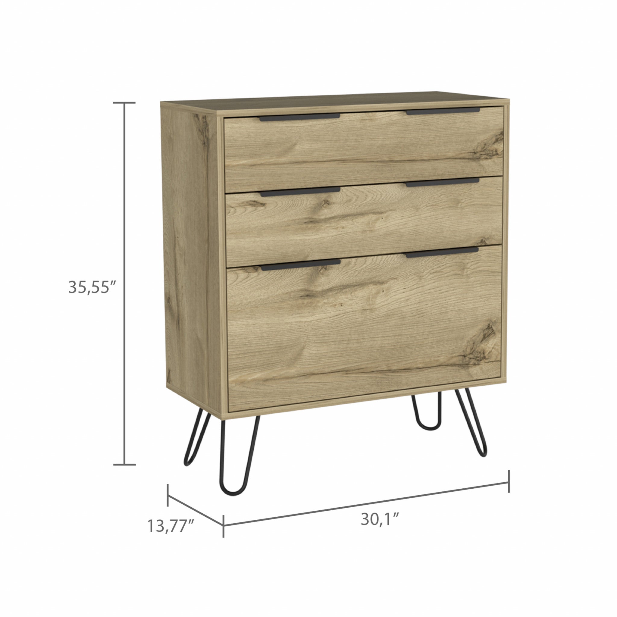 30" Light Oak Manufactured Wood Three Drawer Standard Dresser