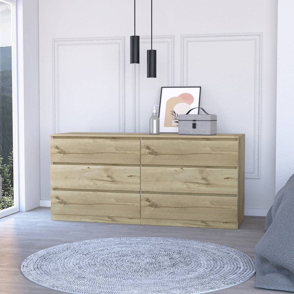 Light Oak And White Wood Six Drawer Double Dresser 60"