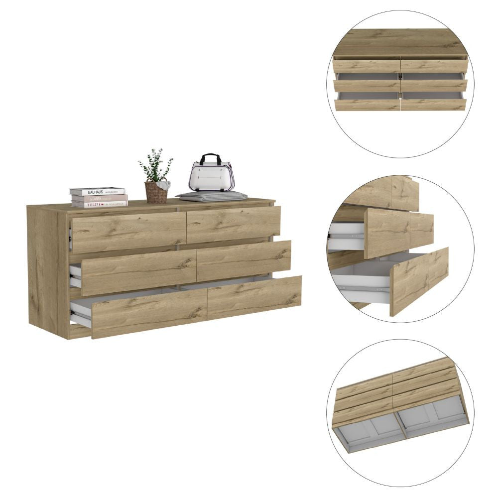 Light Oak And White Wood Six Drawer Double Dresser 60"