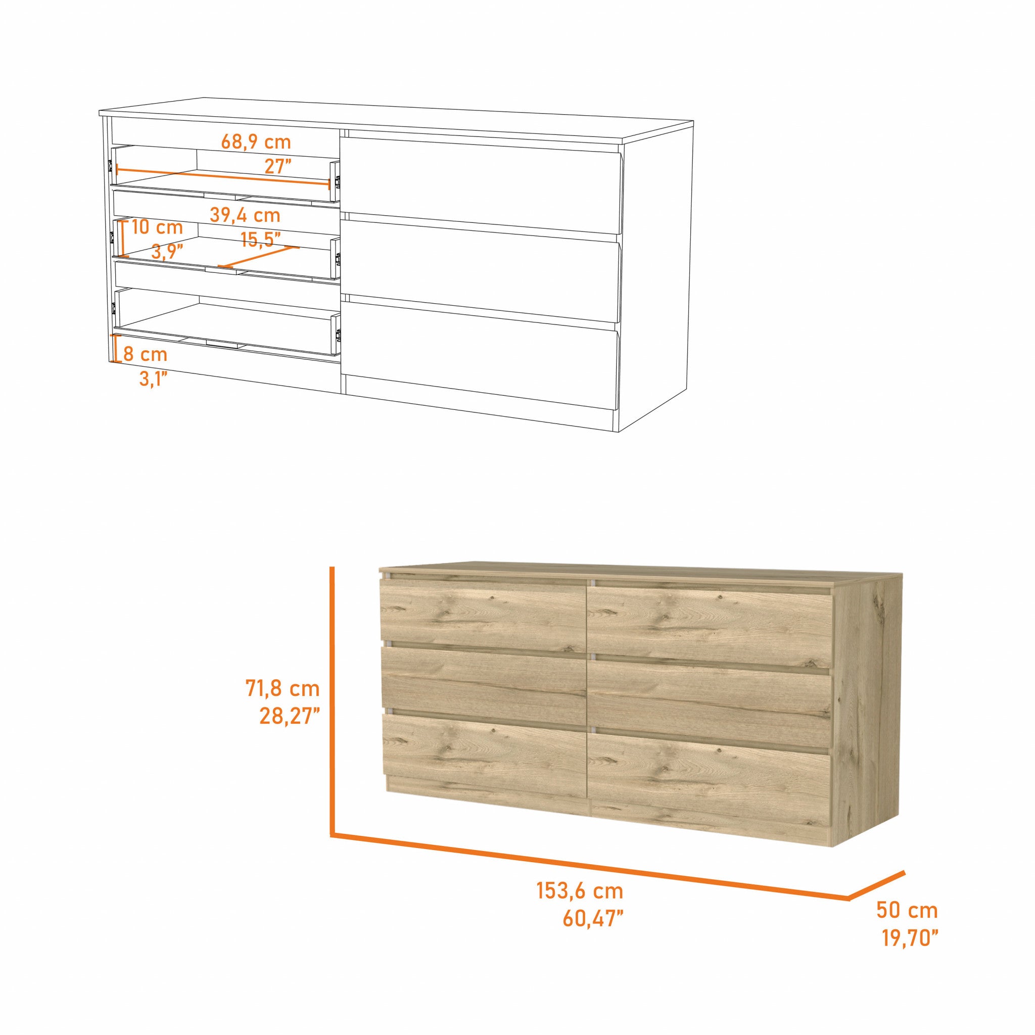 Light Oak And White Wood Six Drawer Double Dresser 60"