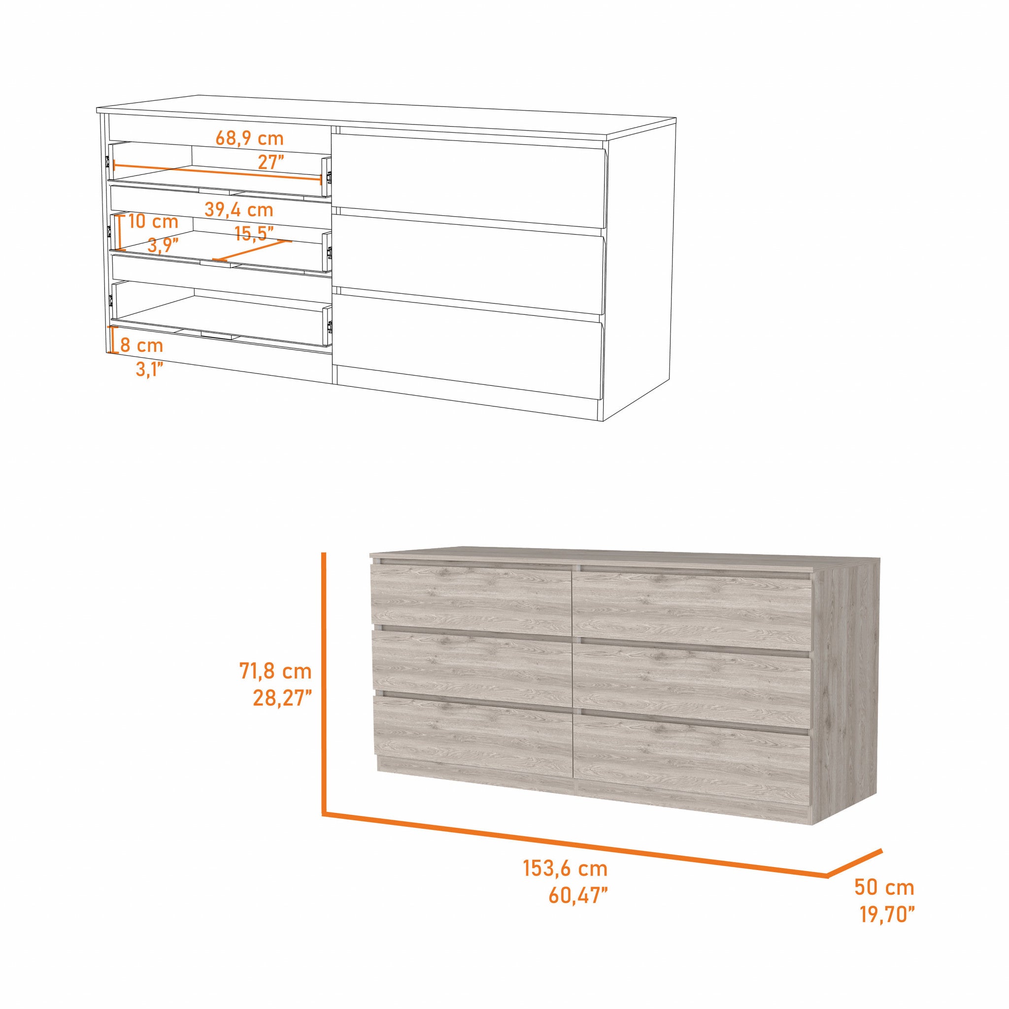 60" Light Grey Manufactured Wood Four Drawer Double Dresser