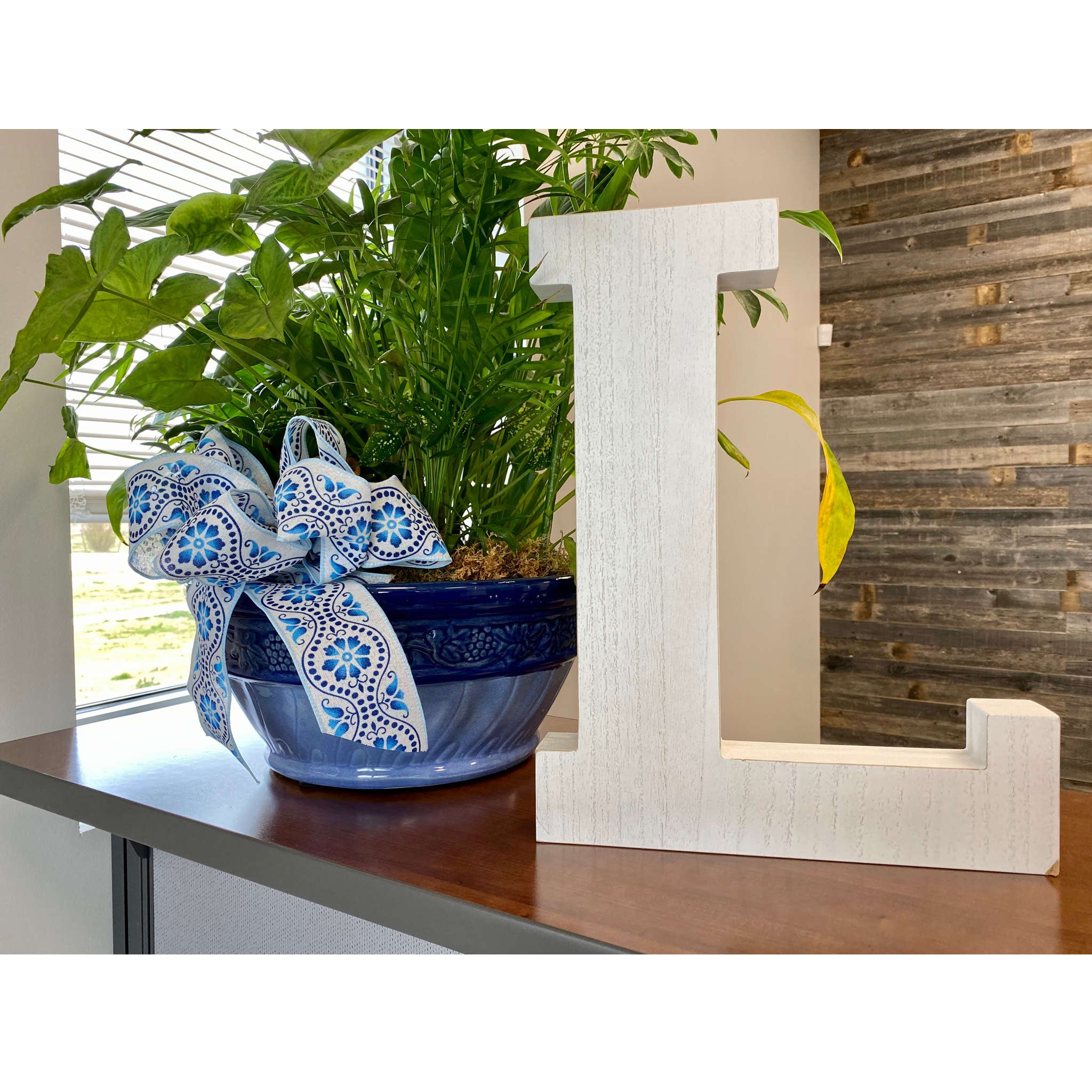 16" Distressed White Wash Wooden Initial Letter L Sculpture