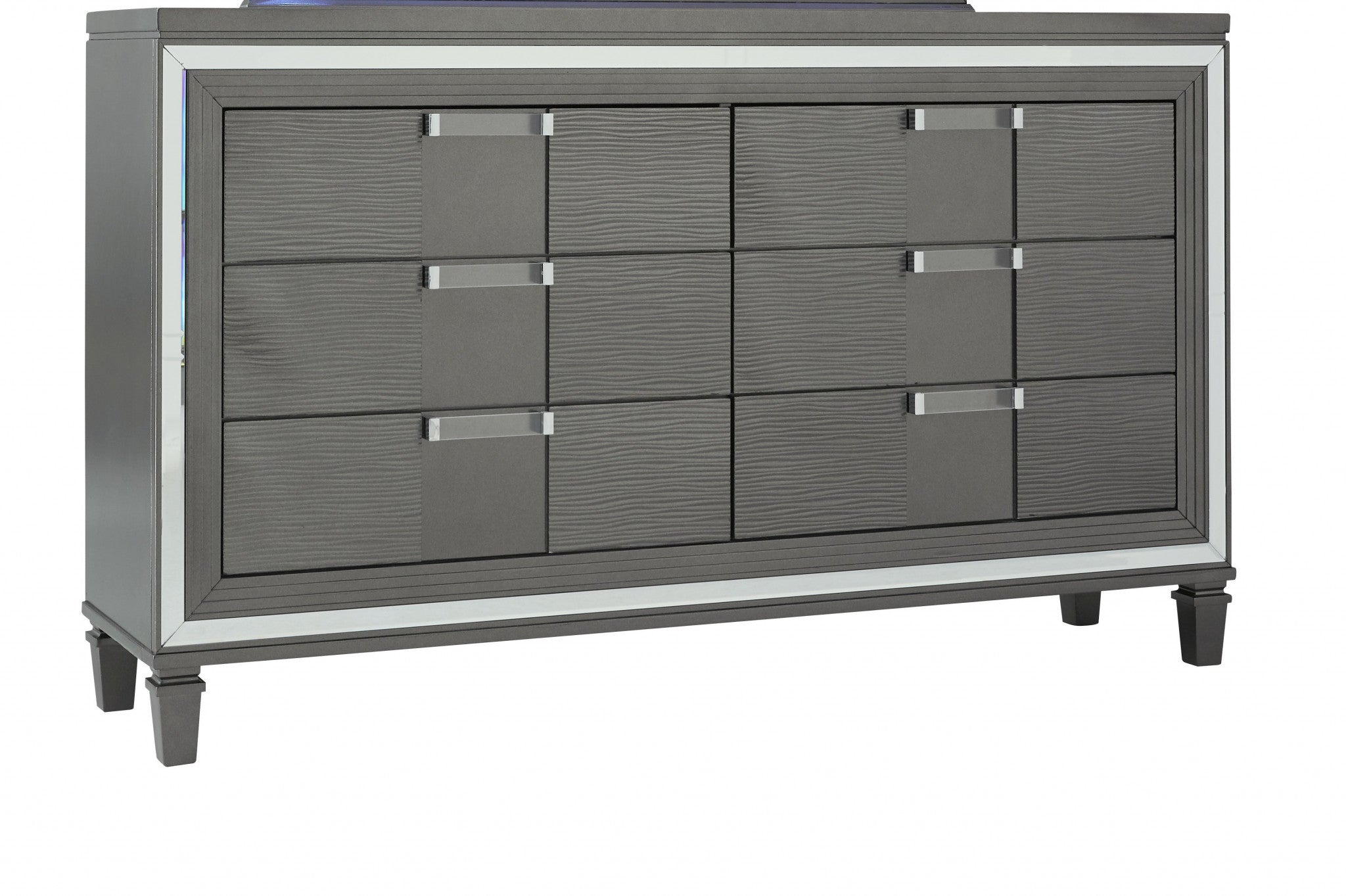 64" Metallic Grey Solid Wood Mirrored Six Drawer Double Dresser