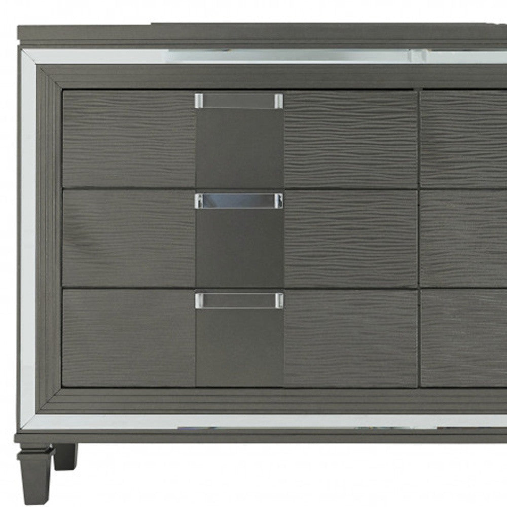 64" Metallic Grey Solid Wood Mirrored Six Drawer Double Dresser