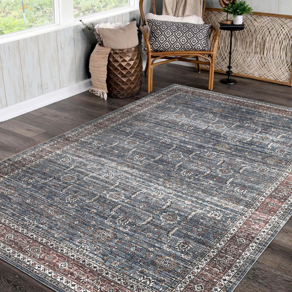 5' X 8' Blue Oriental Distressed Stain Resistant Area Rug