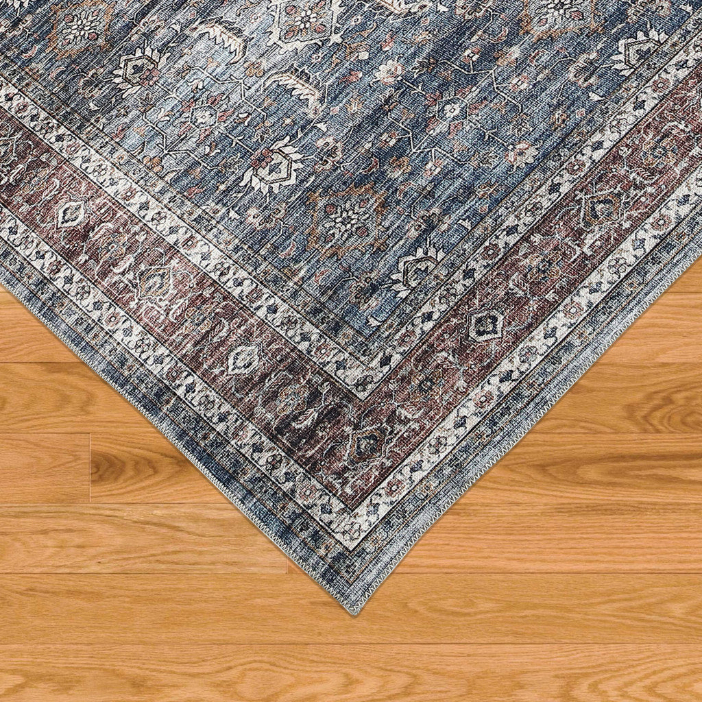 5' X 8' Blue Oriental Distressed Stain Resistant Area Rug
