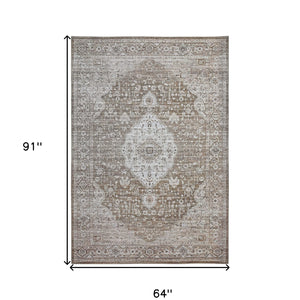 5' X 8' Beige Oriental Power Loom Distressed Stain Resistant Area Rug