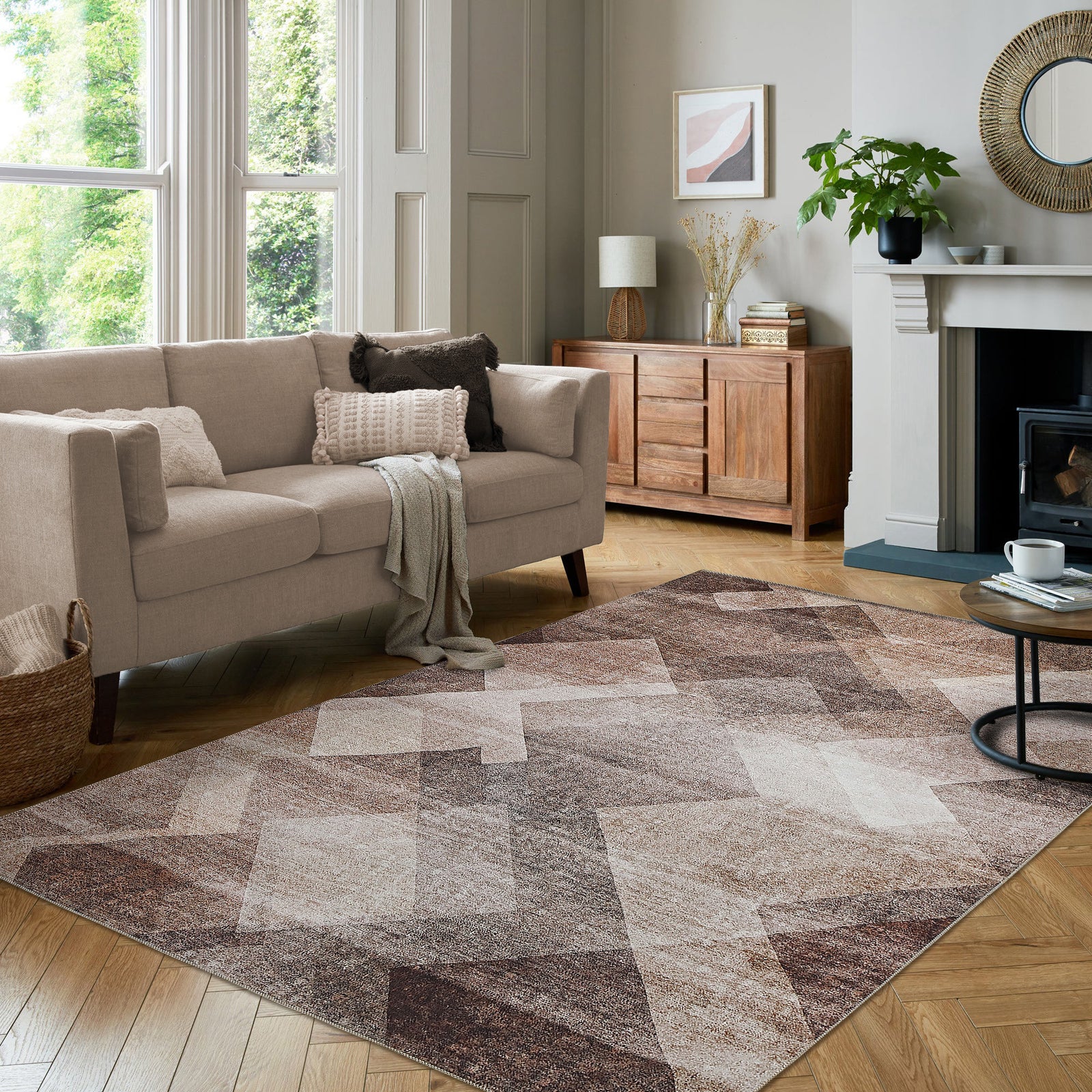 5' X 8' Brown Geometric Stain Resistant Area Rug