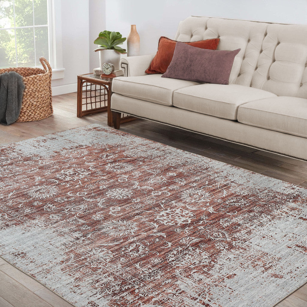 8' X 11' Rust Oriental Distressed Stain Resistant Area Rug