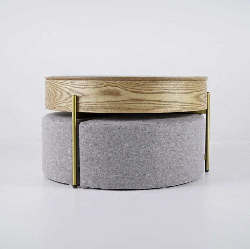 31" Brown And White Stone Round Lift Top Coffee Table with three ottomans