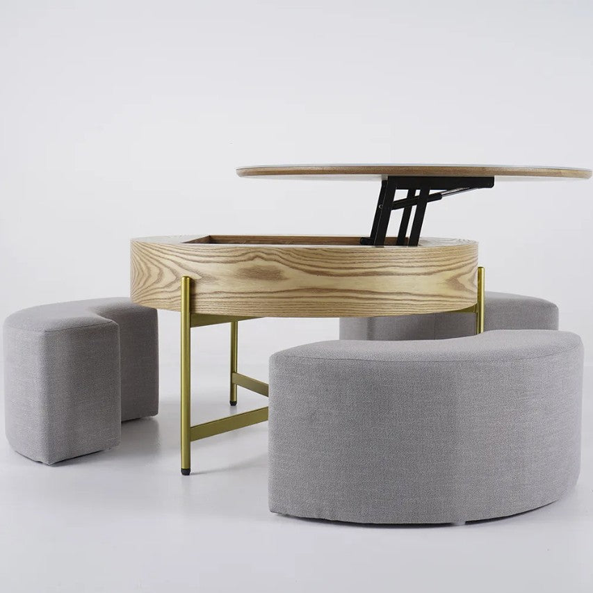 31" Brown And White Stone Round Lift Top Coffee Table with three ottomans