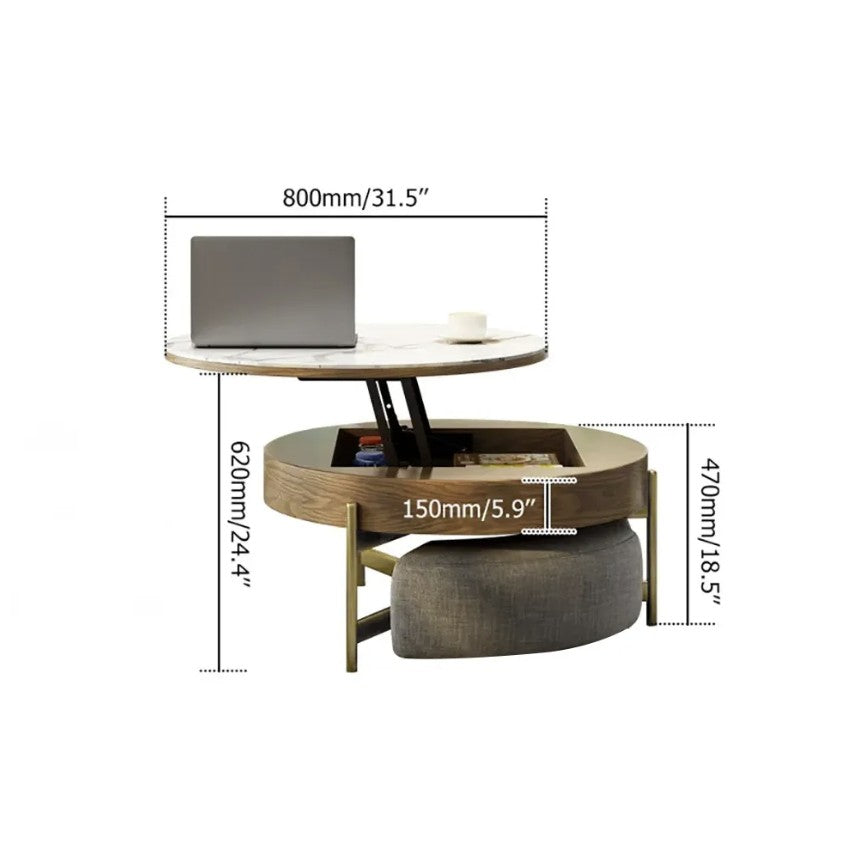 31" Brown And White Stone Round Lift Top Coffee Table with three ottomans
