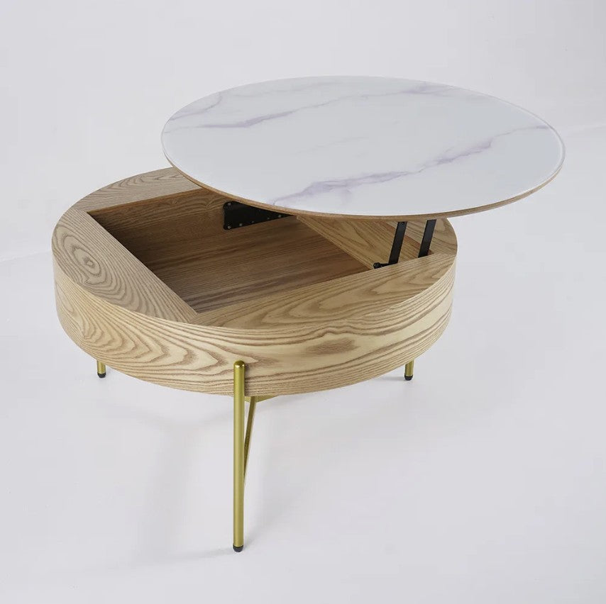 31" Brown And White Stone Round Lift Top Coffee Table