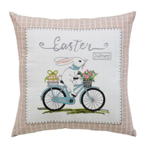 17" X 17" Light Pink Checkered Easter Bunny on Bicycle Throw Pillow