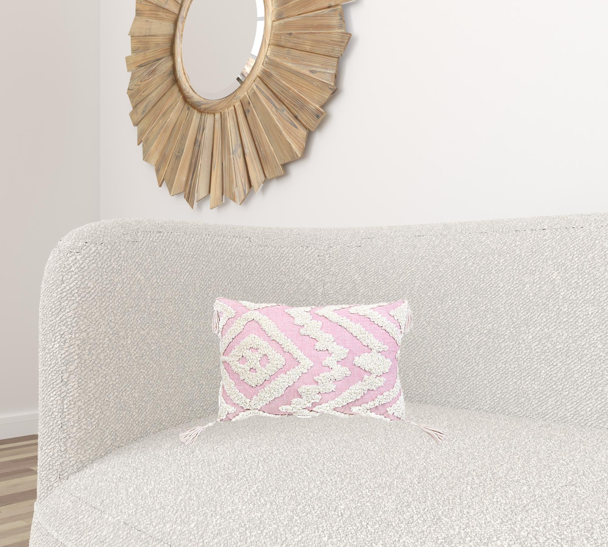13" X 20" Pink and White Textural Abstract Throw Pillow with Tassels