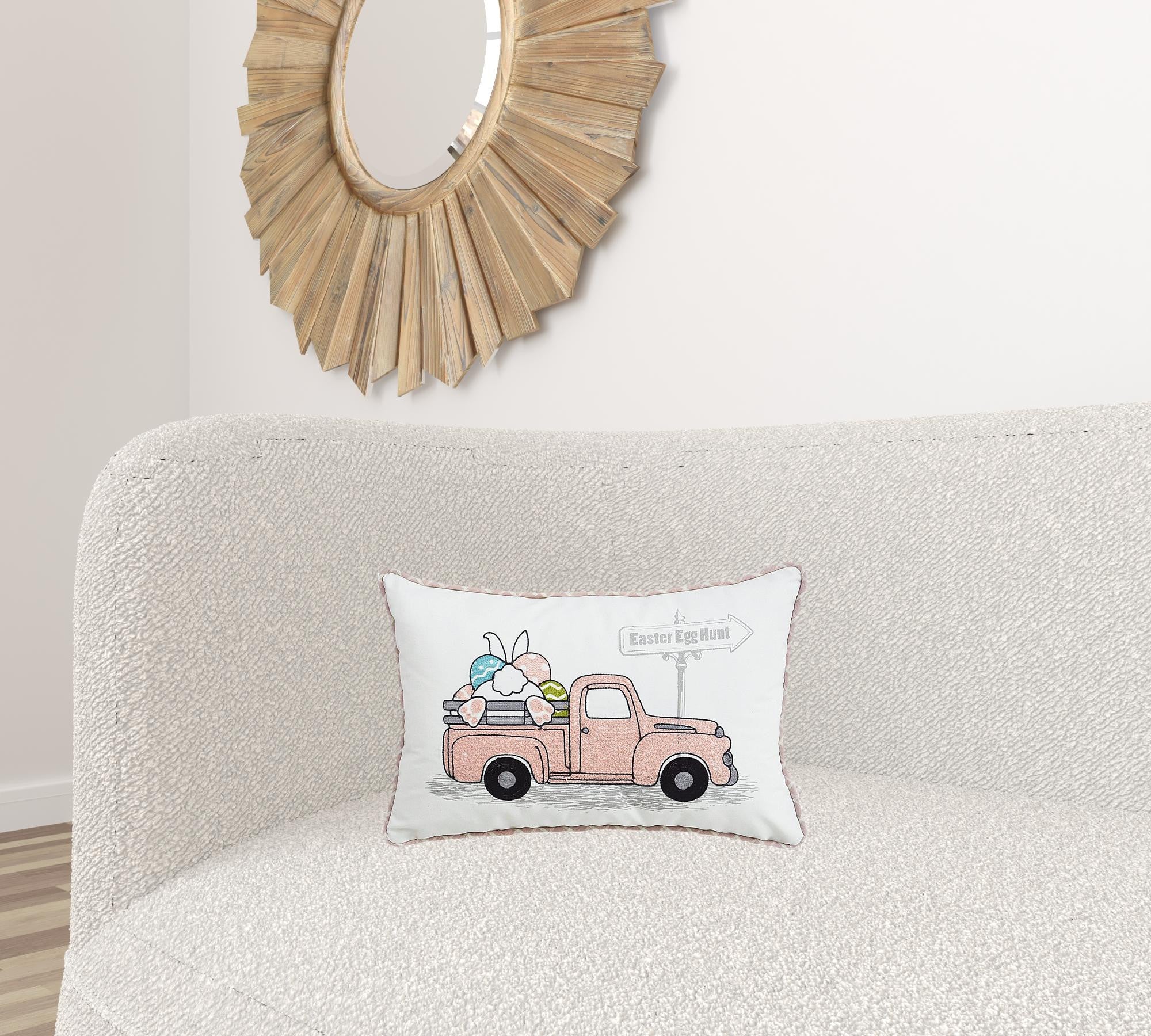 13" X 20" White and Pink  Easter Bunny Pink Truck Throw Pillow