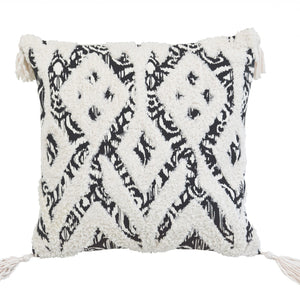 18" X 18" Black And White Ikat Zippered Polyester And Cotton Blend Throw Pillow With Tassels