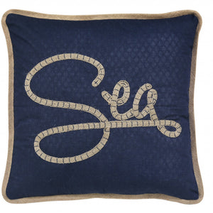 17" X 17" Navy Blue And Brown Text Zippered Polyester And Burlap Blend Throw Pillow With Embroidery