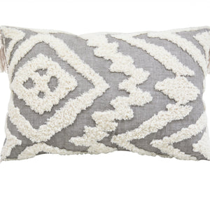 13" X 20" Grey And White Abstract Zippered Polyester Throw Pillow With Tassels