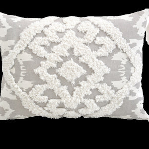 13" X 18" Grey And White Damask Zippered Polyester And Cotton Blend Throw Pillow With Tassels