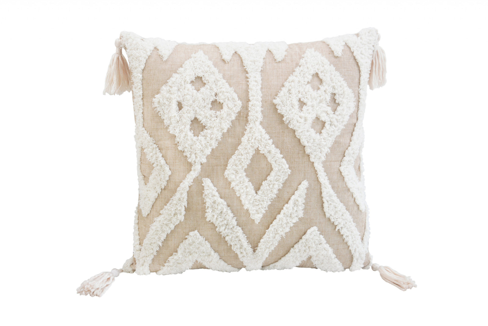 17" X 17" Beige And White Ikat Zippered Polyester Throw Pillow With Tassels