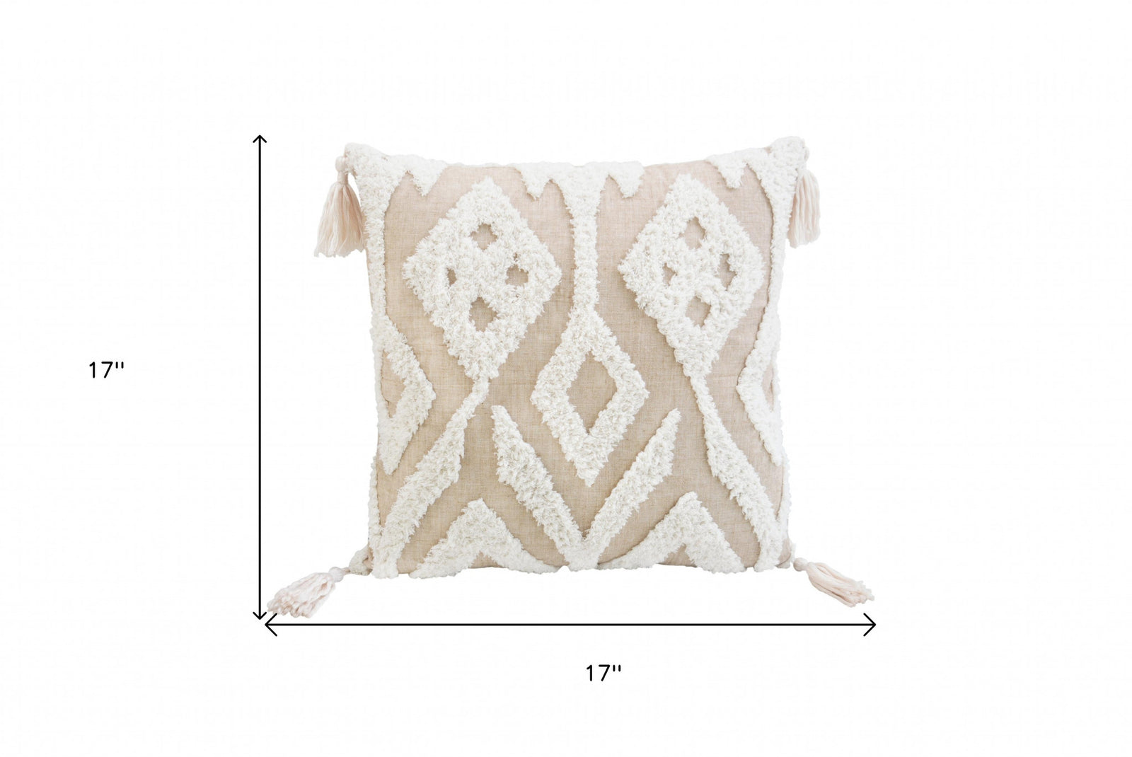17" X 17" Beige And White Ikat Zippered Polyester Throw Pillow With Tassels