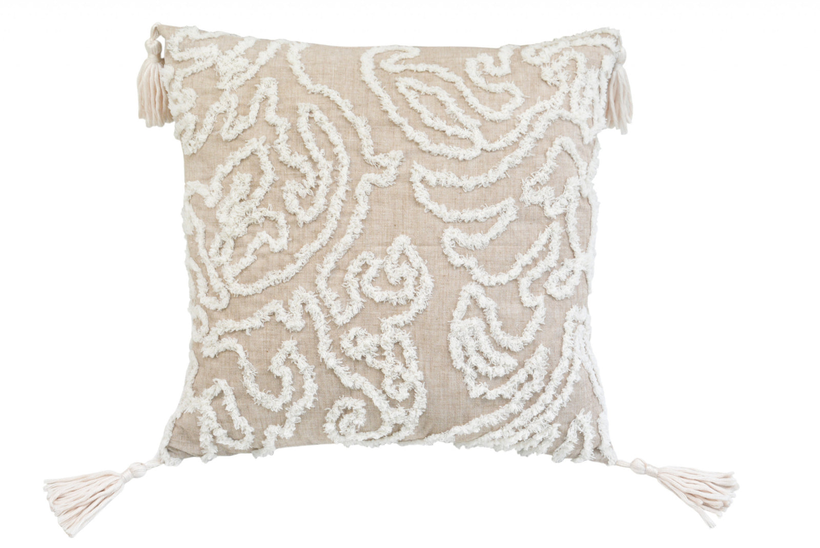 17" X 17" Beige And White Abstract Zippered Polyester Throw Pillow With Tassels
