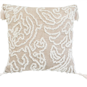 17" X 17" Beige And White Abstract Zippered Polyester Throw Pillow With Tassels