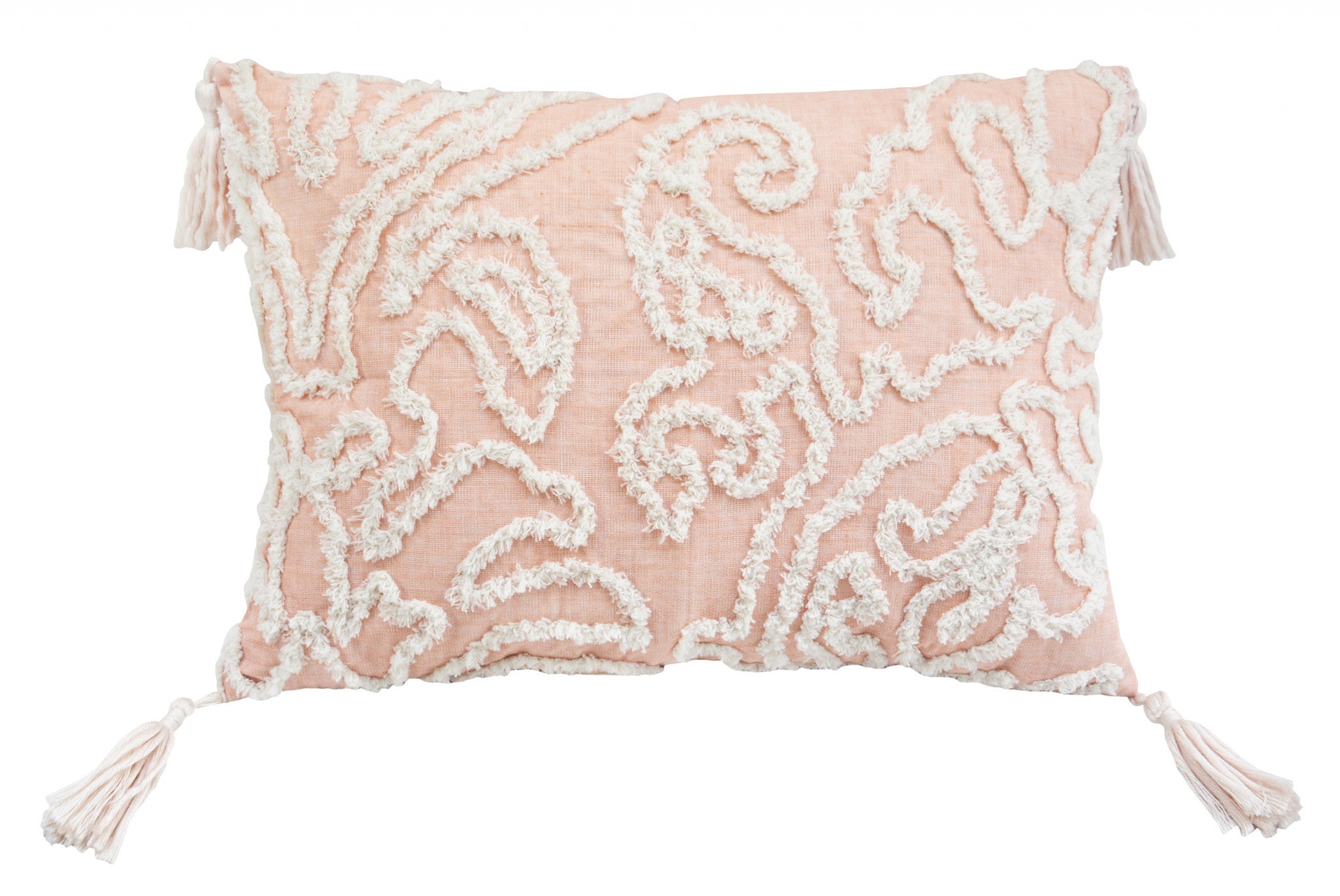 13" X 18" Beige And White Abstract Zippered Polyester Throw Pillow With Tassels