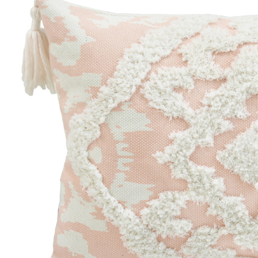 13" X 18" Peach And White Damask Zippered Polyester And Cotton Blend Throw Pillow With Tassels