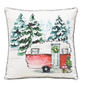 18" X 18" Snowy Christmas Camper Throw Pillow