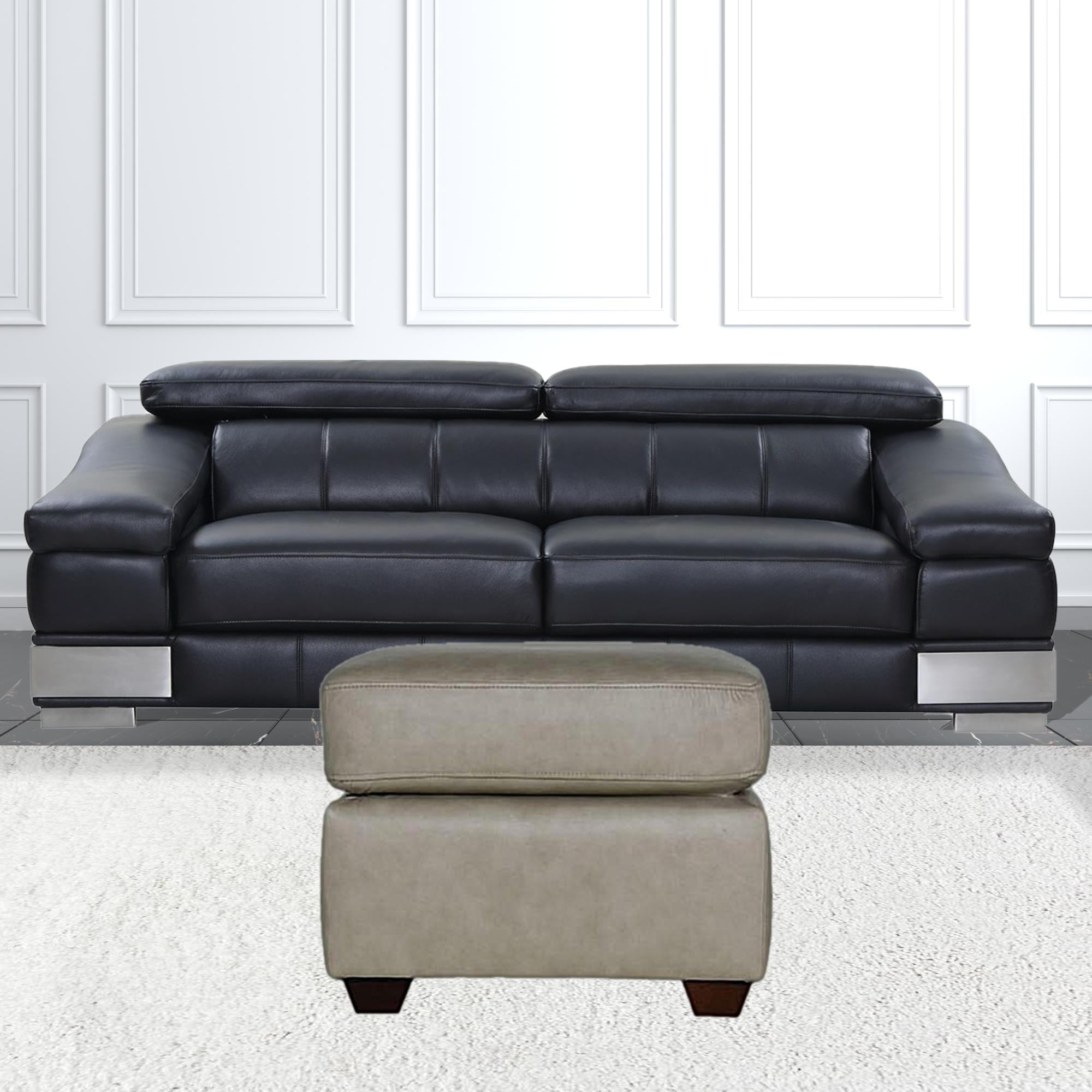 Otomana de 22" de cuero genuino color topo piedra y nogal