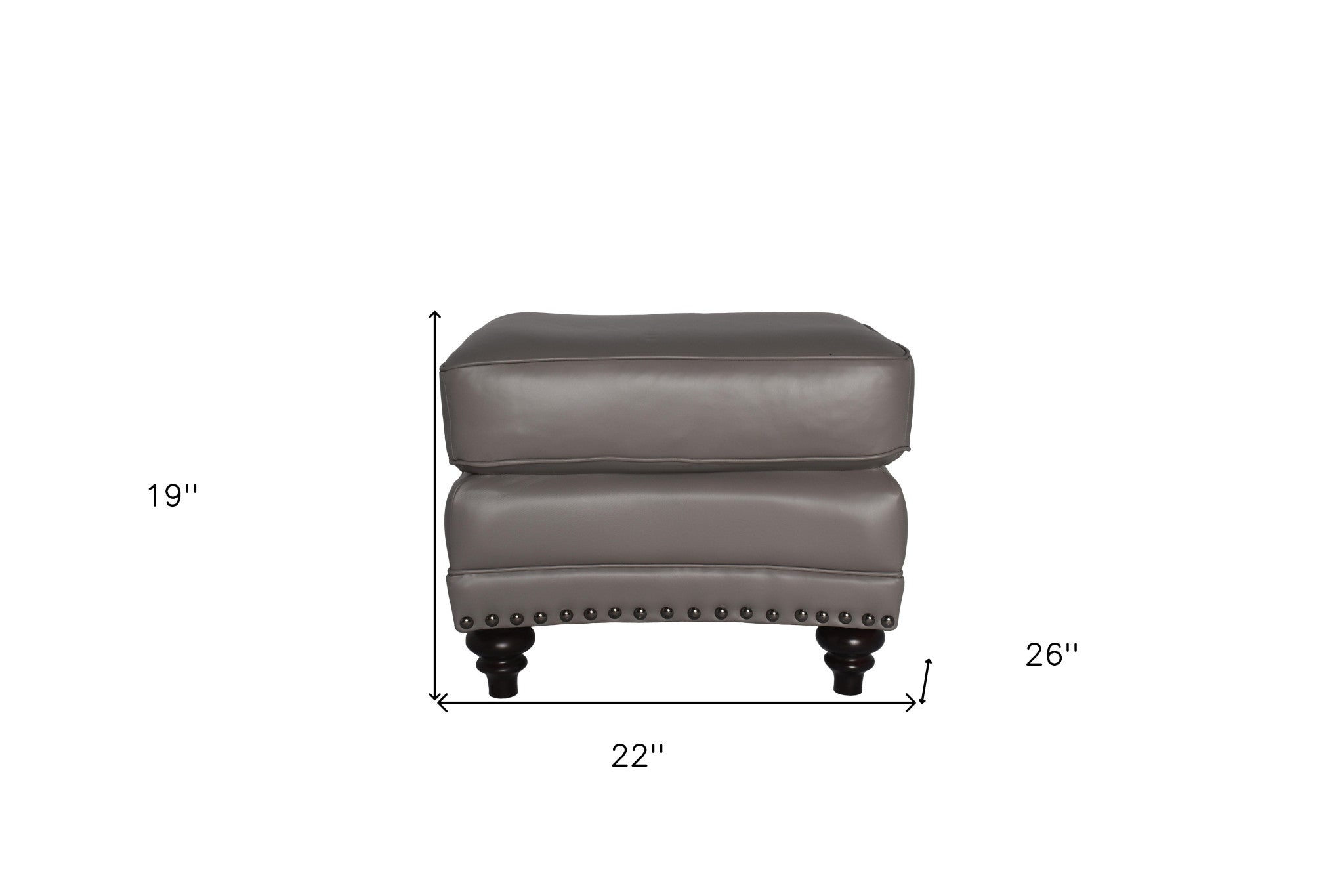 22" Grey Genuine Leather And Walnut Ottoman