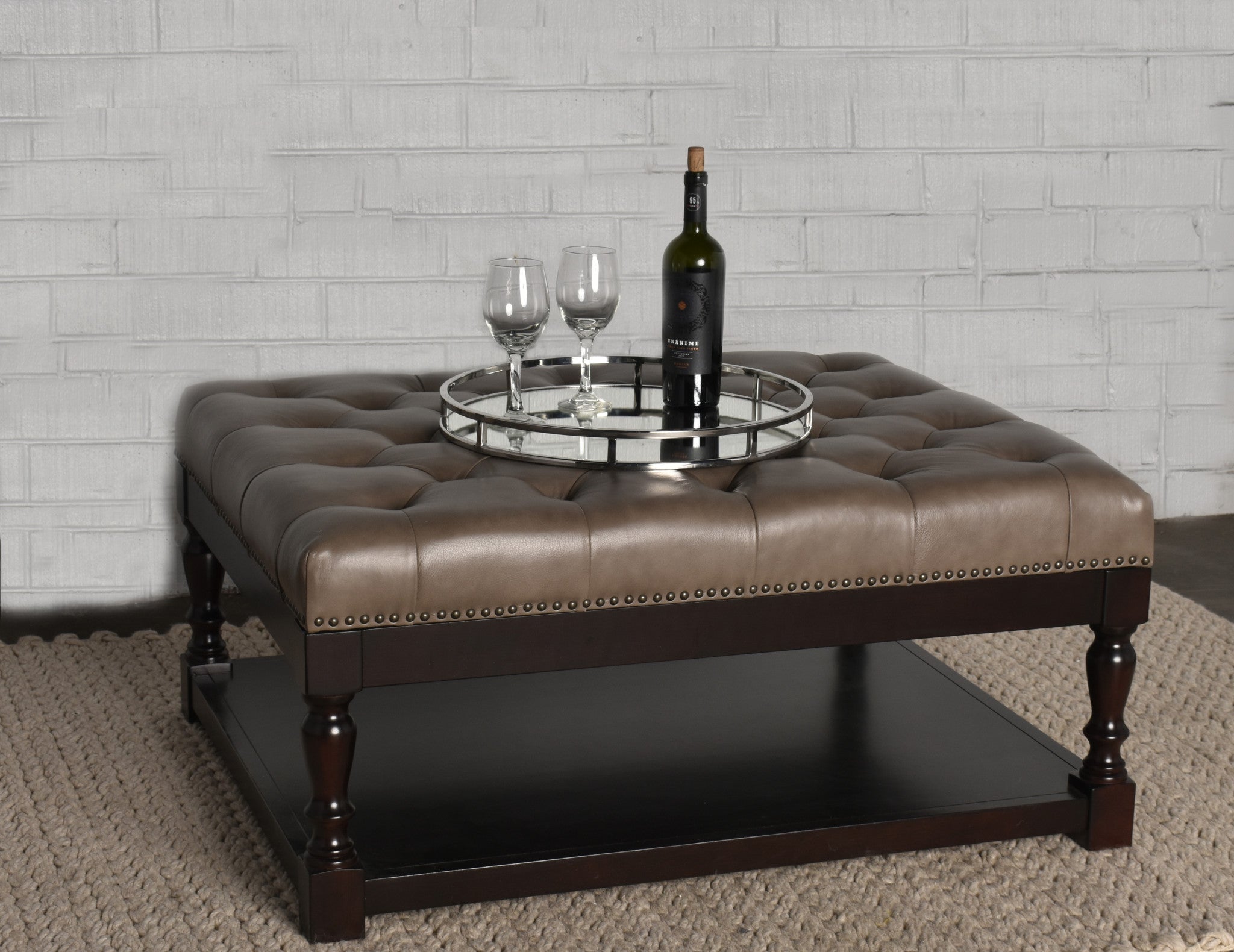 Dark Grey and Dark Brown Tufted Leather Coffee Table 34.5"