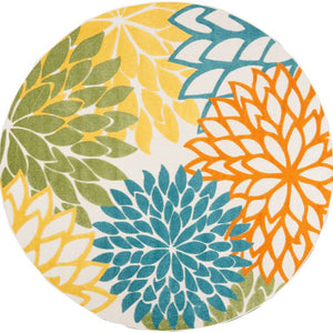 8' X 8' Turquoise Round Floral Non Skid Indoor Outdoor Area Rug
