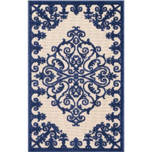10' X 13' Navy Damask Non Skid Indoor Outdoor Area Rug