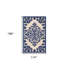 10' X 13' Navy Damask Non Skid Indoor Outdoor Area Rug
