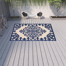 10' X 13' Navy Damask Non Skid Indoor Outdoor Area Rug