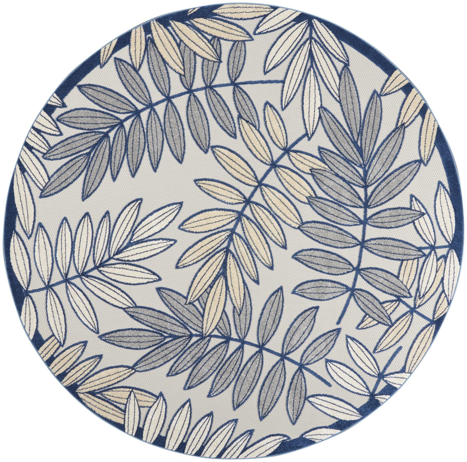 8' X 8' Ivory And Navy Round Floral Non Skid Indoor Outdoor Area Rug