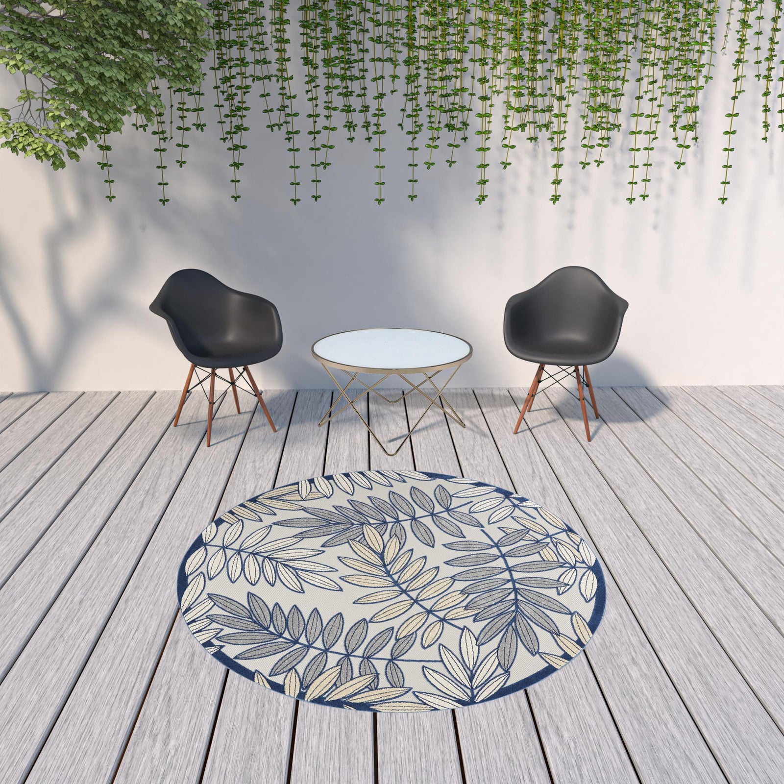 8' X 8' Ivory And Navy Round Floral Non Skid Indoor Outdoor Area Rug