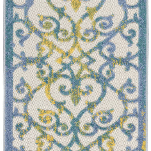 2' X 6' Ivory And Blue Damask Non Skid Indoor Outdoor Runner Rug