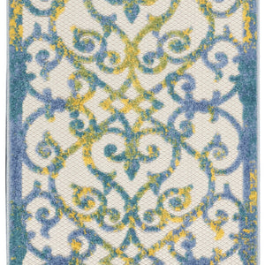 2' X 10' Ivory And Blue Damask Non Skid Indoor Outdoor Runner Rug