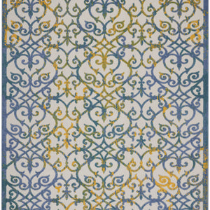 10' X 13' Ivory And Blue Damask Non Skid Indoor Outdoor Area Rug
